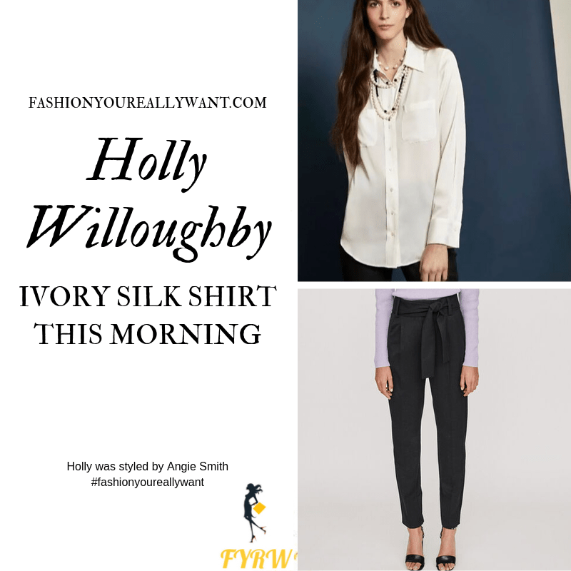 Holly Willoughby Wore an ivory silk shirt with black taped tie wait trousers on  This Morning today outfit blog October 2019