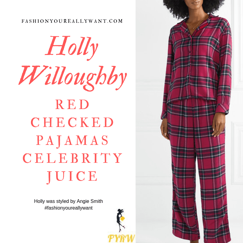 Holly Willoughby Wore These Red Checked Pajamas and red and green glitter slippers for Celebrity Juice Christmas Special October 2019 outfit blog