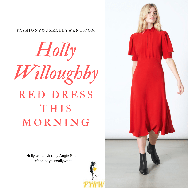 Holly Willoughby Wore this short sleeve keyhole red midi dress with nude suede court shoes on  This Morning today October 2019 outfit blog
