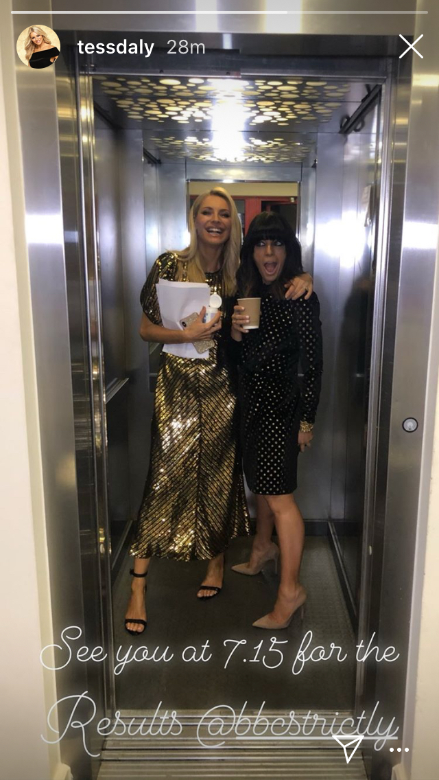 how to find Claudia winkleman black dress with gold spot Strictly October 2019 Photo Tess Daly