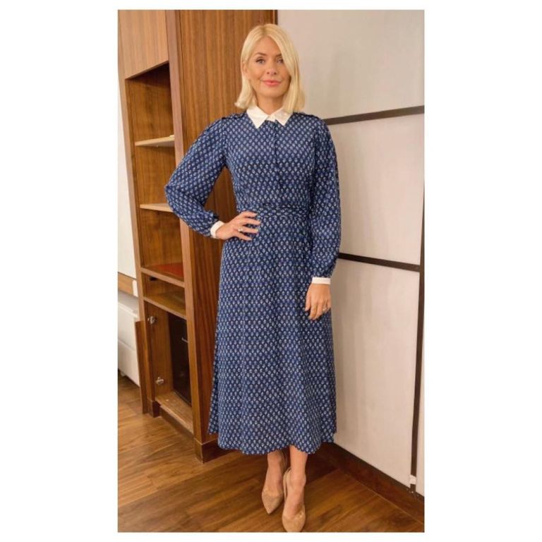 how to find Holly Willoughby blue printed shirt dress white collar nude suede court shoes This Morning outfit October 2019 Photo Holly Willoughby