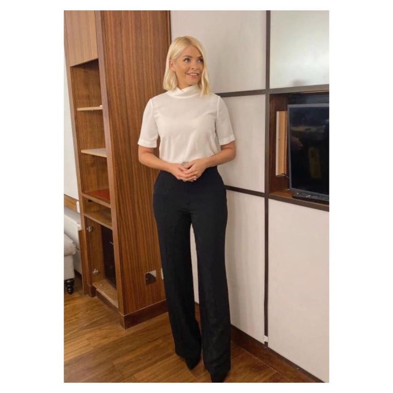 how to find Holly Willoughby cream short sleeve blouse black trousers This Morning outfit today October 2019 Photo Holly Willoughby