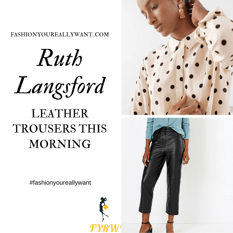 Ruth Langsford Wore these black leather trousers with a cream beige polka dot shirt on  This Morning today outfit blog October 2019
