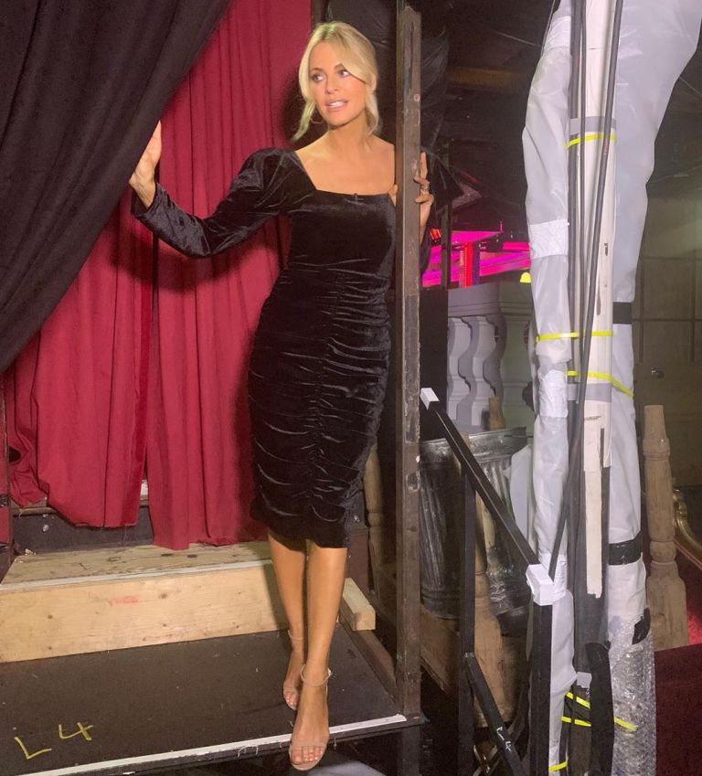 how to find Tess Daly black velvet ruched square neck dress Strictly Come Dancing October 2019 Photo Tess Daly
