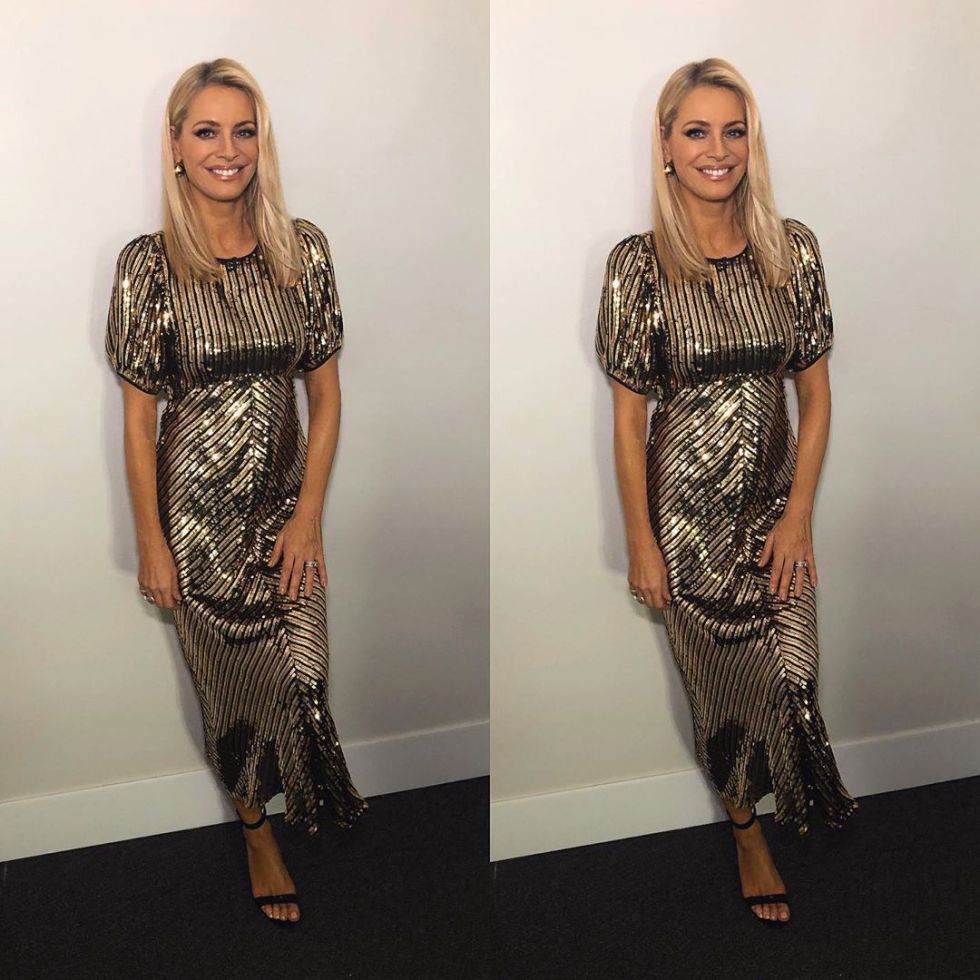 how to find Tess Daly gold stripe midi dress Strictly October 2019 photo James Yardley
