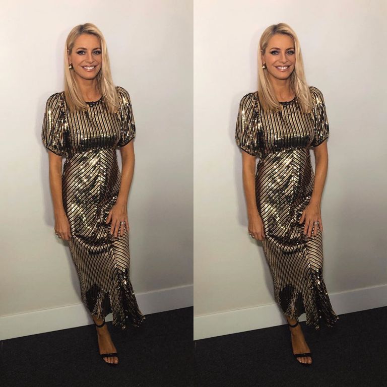 how to find Tess Daly gold stripe midi dress Strictly October 2019 photo James Yardley
