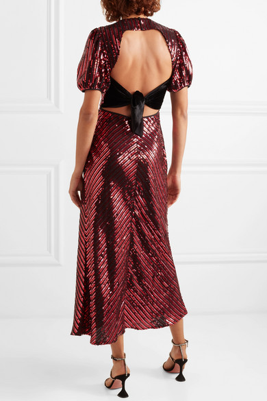 Rixo Daisy velvet trimmed sequinned crepe midi dress back view