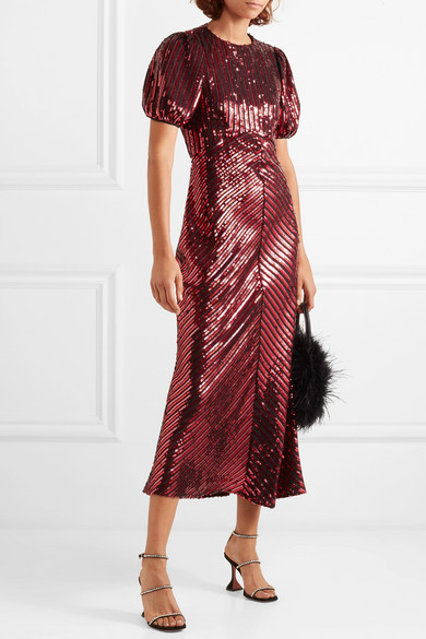 Rixo Daisy velvet trimmed sequinned crepe midi dress