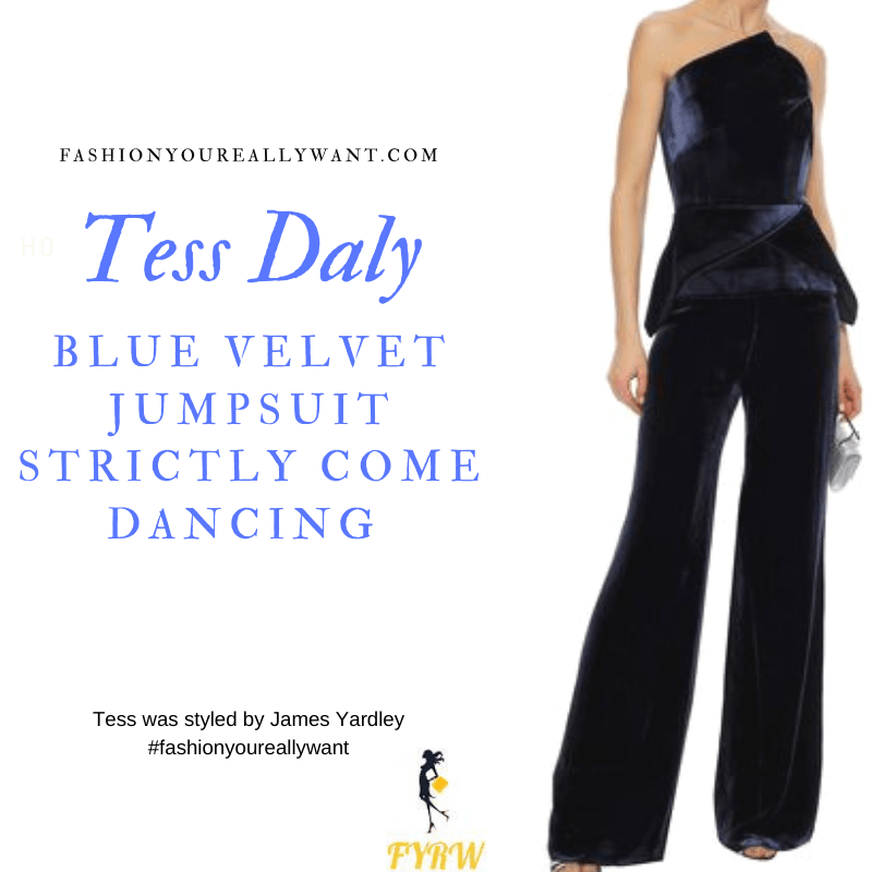 Tess Daly Wore a strapless blue velvet jumpsuit on Strictly Come Dancing Week 5 October 2019 outfit blog