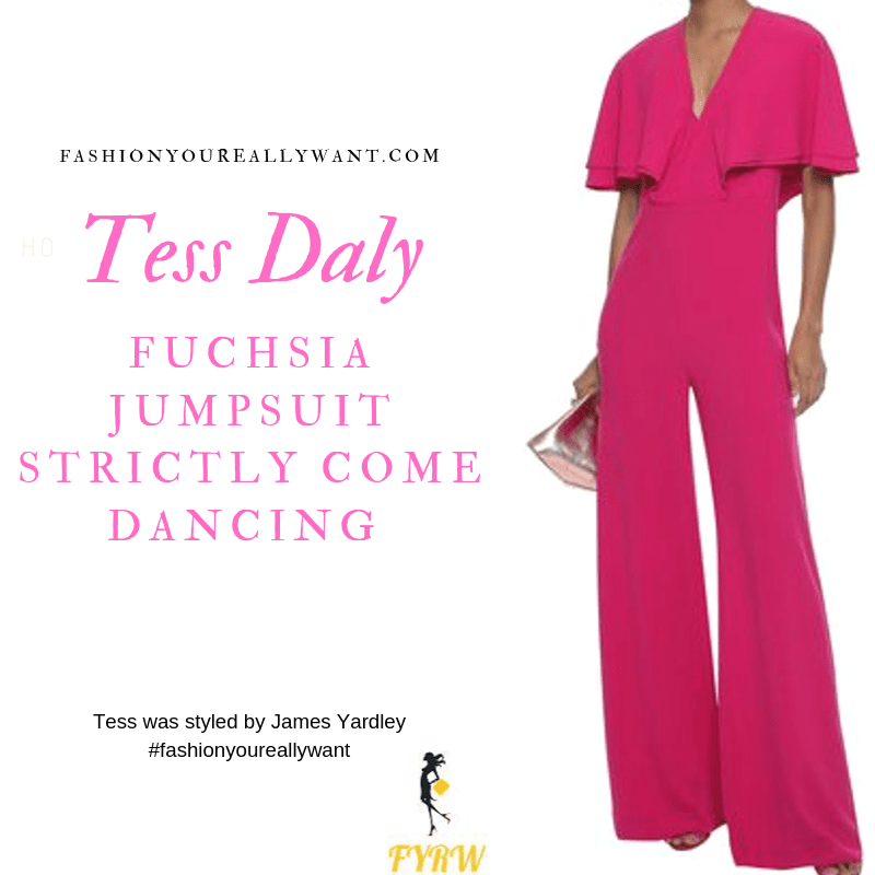 Tess Daly Strictly Wore a pink cape jumpsuit and silver shoes on Come Dancing Week 4 Results Show outfit blog October 2019
