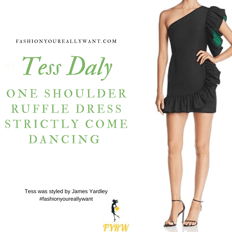 Tess Daly Wore this black and green one shoulder ruffled mini dress on the Strictly Come Dancing Week 6 Results Show October 2019 outfit blog