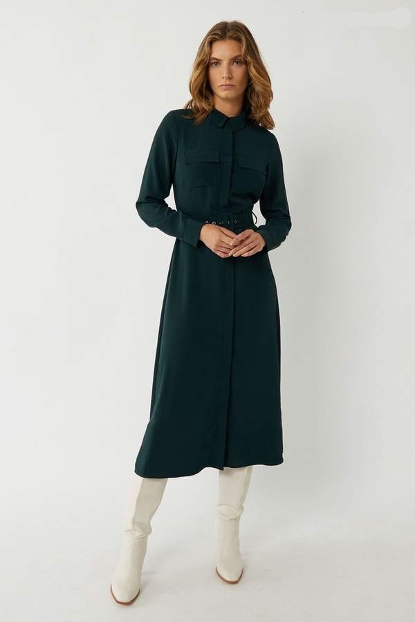 Warehouse Green Belted Midi Shirt Dress