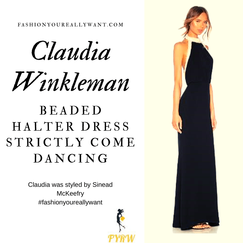 Claudia Winkleman Wore This black halter dress with white beading on Strictly Come Dancing Week 8 outfit blog November 2019