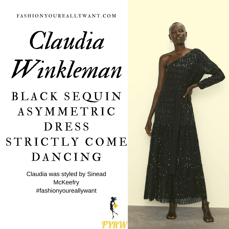 Claudia Winkleman wore This black sequin one shoulder asymmetric dress on Strictly Come Dancing Week 10 outfit blog November 2019