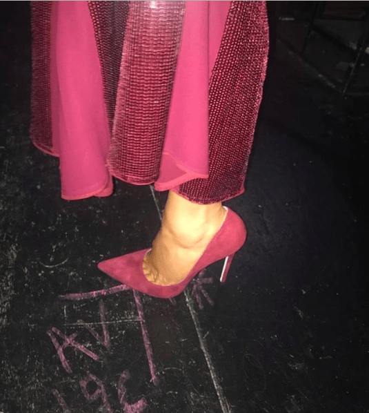 Claudia Winkleman burgundy pink sequin skirt pink shoes halter top Strictly November 2019 Photo Sinead McKeefry