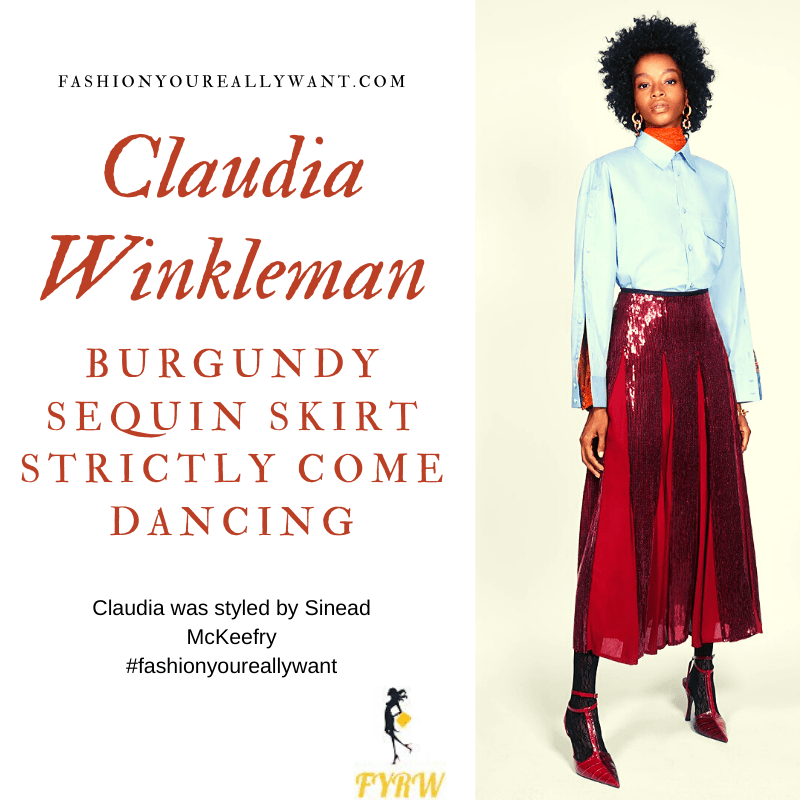 Claudia Winkleman wore This Burgundy Sequin Skirt with a halter neck top and pink shoes on Strictly Come Dancing Week 7 Results Show outfit blog November 2019