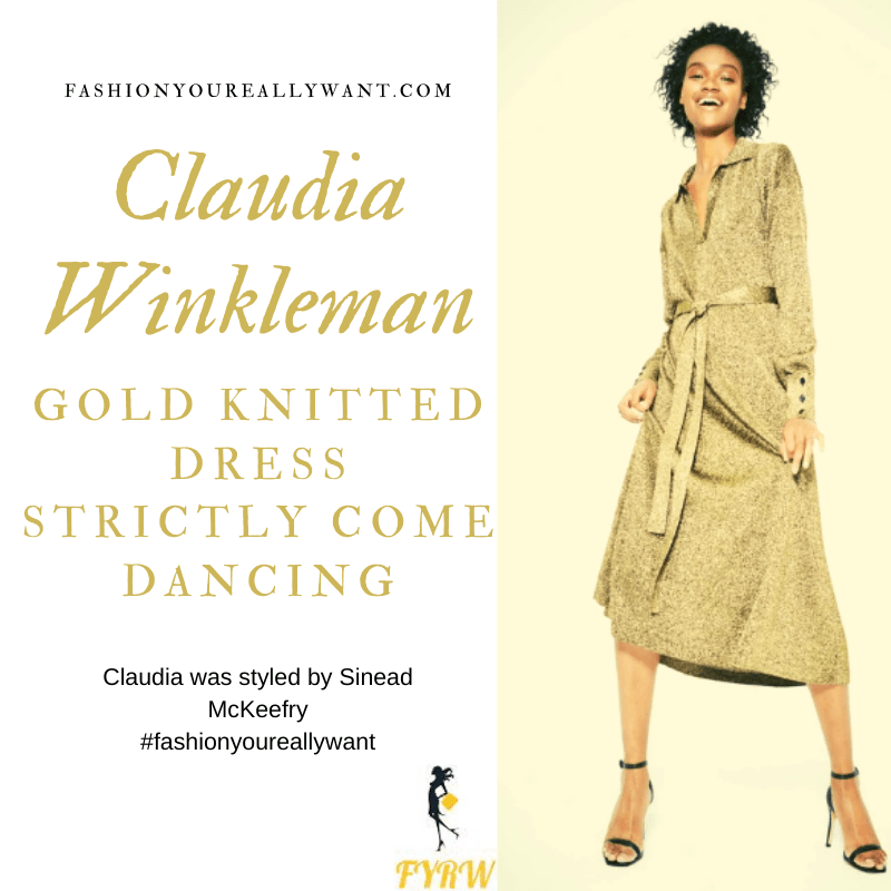 Claudia Winkleman wore This Gold knitted dress with leopard court shoes on Strictly Come Dancing Week 10 Results Show outfit blog November 2019