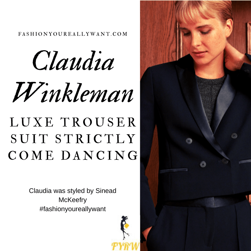 Claudia Winkleman Wore This satin trimmed double breasted trouser suit on Strictly Come Dancing Week 8 results show outfit blog November 2019
