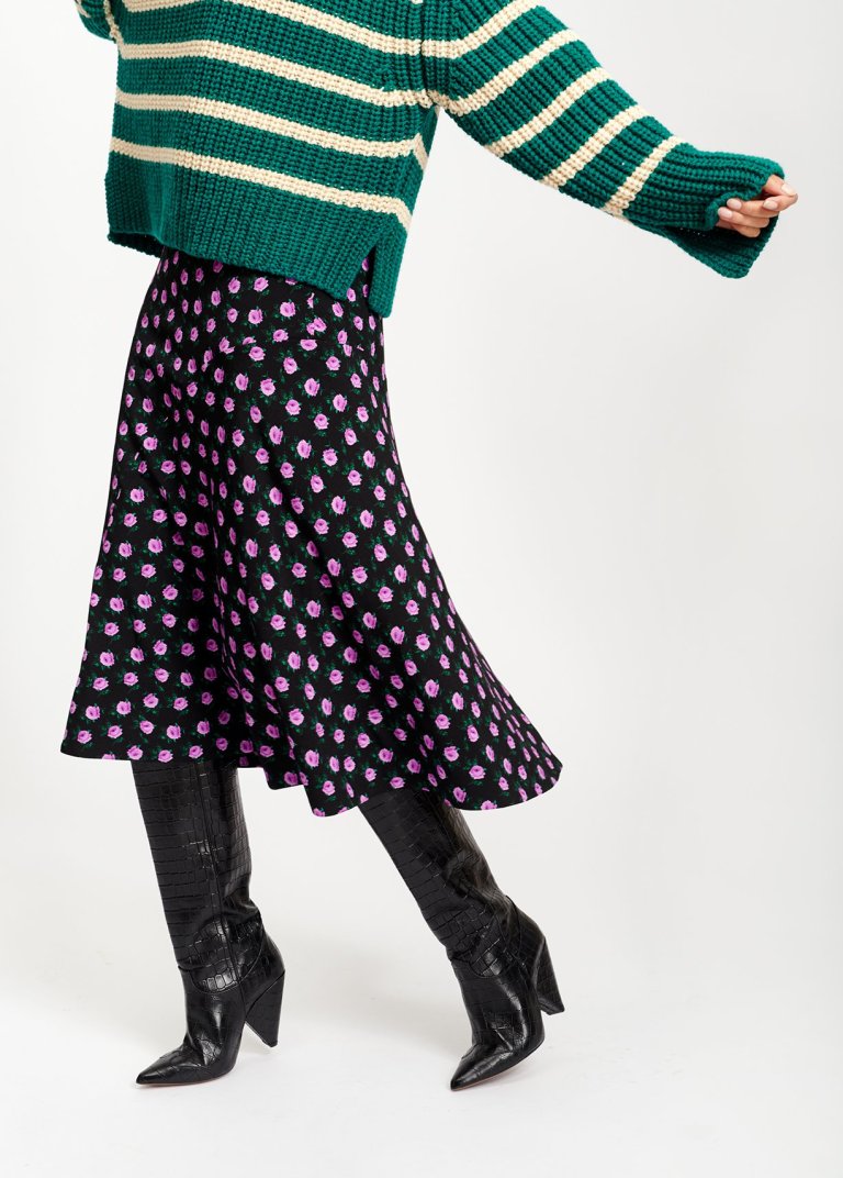 Essentiel Antwerp Black Floral Print Midi Skirt