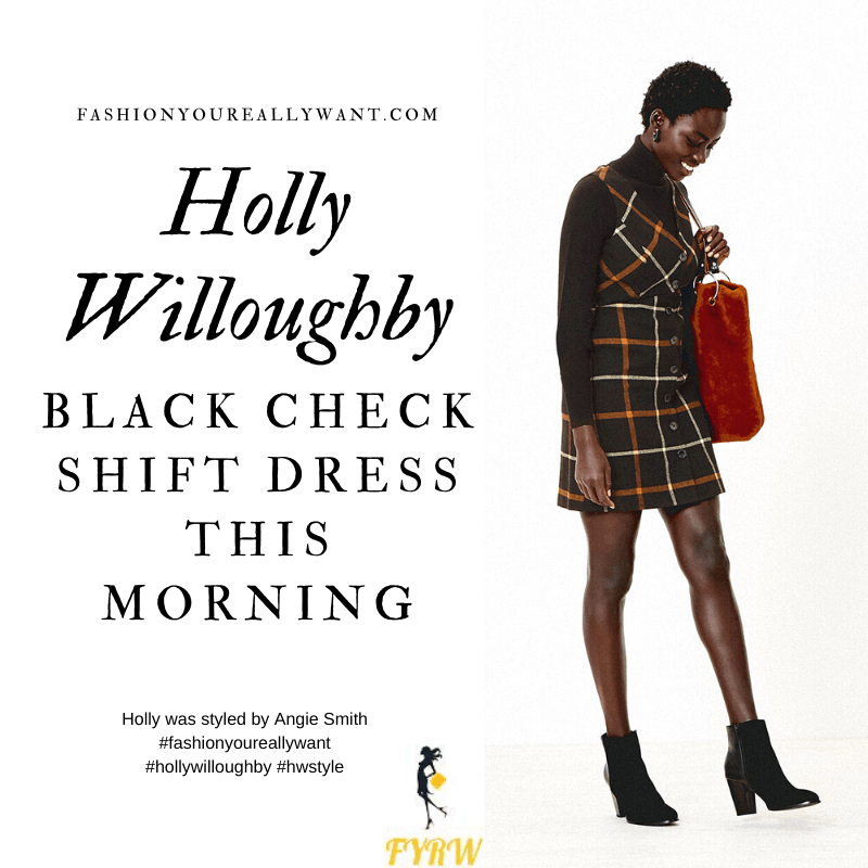 Holly Willoughby Wore This black check shift dress with a camel polo neck and black ankle boots on  This Morning today where to get her outfit blog November 2019