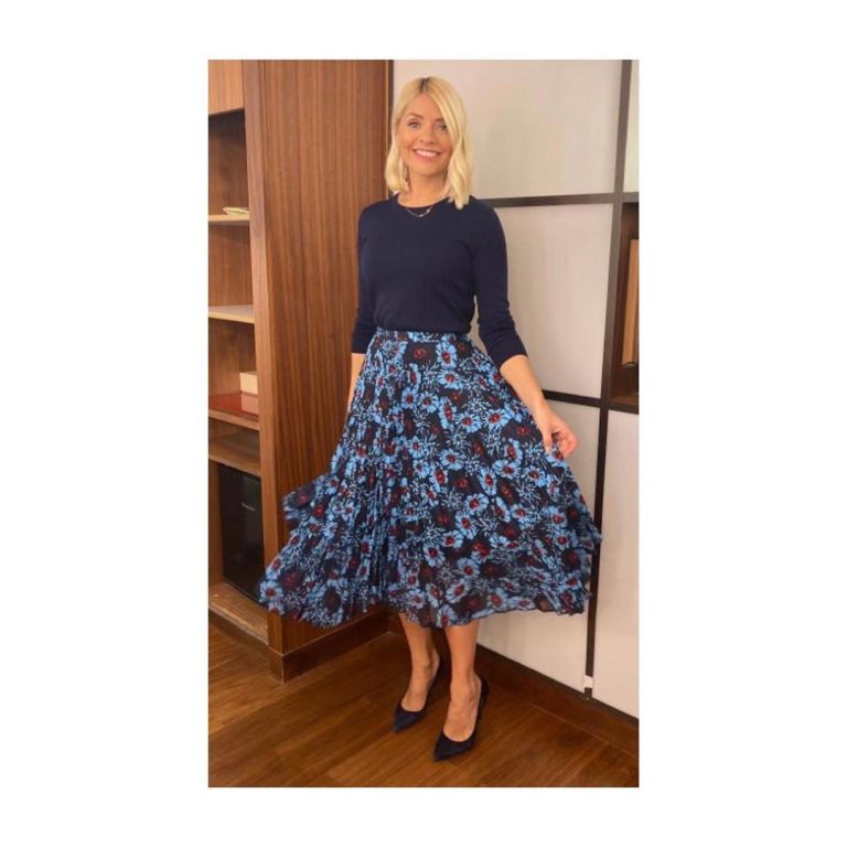 Holly Willoughby blue and red floral pleated skirt navy blue knitwear This Morning outfit today November 2019 Photo Holly Willoughby