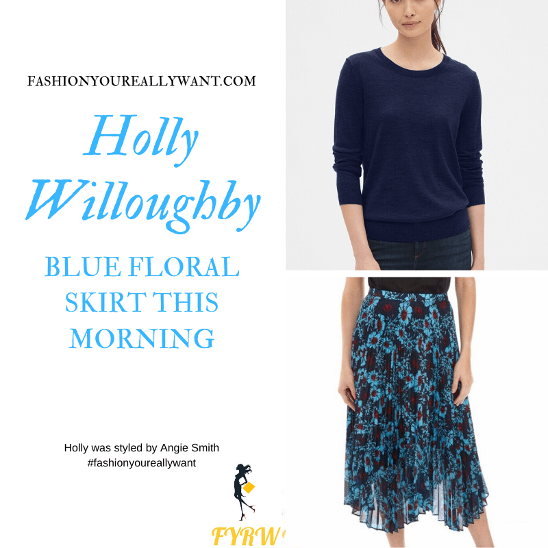 Holly Willoughby Wore This blue floral pleated skirt with a navy blue jumper on  This Morning today outfit blog November 2019