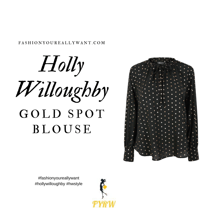 Holly Willoughby wore This Gold Spot Blouse To Attend Mamma Mia Musical November 2019 where to get her outfits