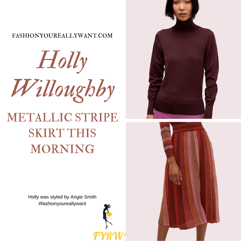 Holly Willoughby Wore This red metallic stripe skirt with plum metallic knitwear on This Morning today outfit blog November 2019