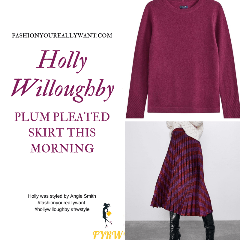 Holly Willoughby Wore This plum pink zigzag pleated skirt with plum crew neck jumper on This Morning today where to find all her outfits blog November 2019