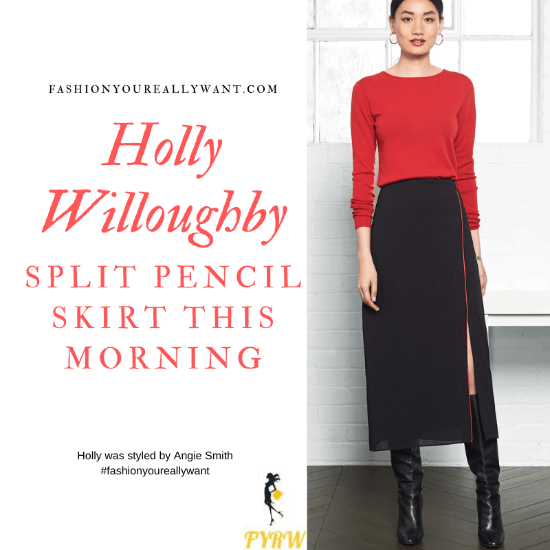 Holly Willoughby Wore This black and red split maxi skirt with a red round neck jumper on This Morning today outfit blog November 2019