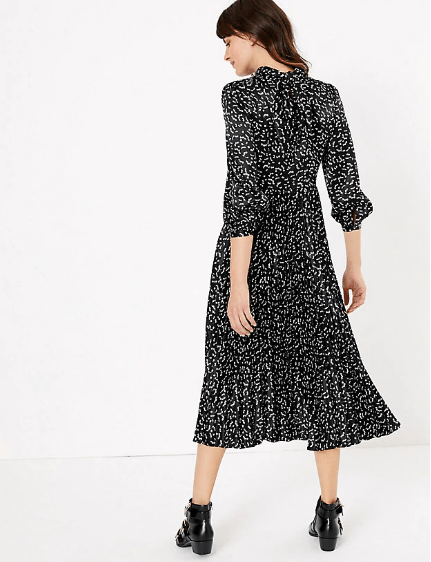 M&amp;S Collection Satin Printed Waisted Midi Dress back view