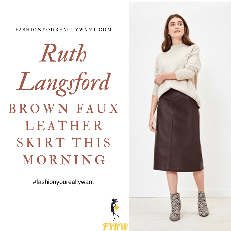 Ruth Langsford Wore this brown faux leather pencil skirt with a brown crew neck jumper on  This Morning today outfit blog November 2019