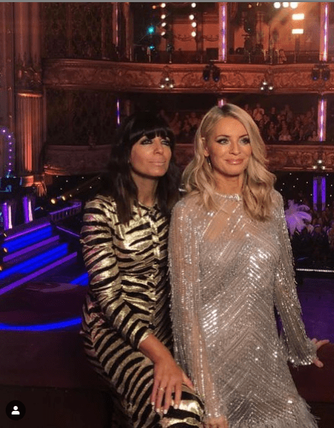 where to get Claudia winkleman gold tiger stripe dress Tess Daly white sequin dress Strictly 17 November 2019 Photo Tess Daly
