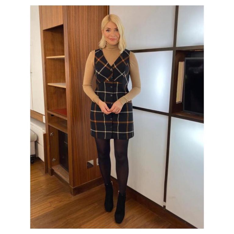 where to get Holly Willoughby black check button front mini dress camel knitwear black ankle boots This Morning outfit today 28 November 2019 Photo Holly Willoughby