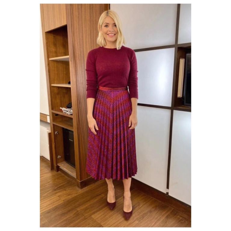where to get holly Willoughby pink zig zag pleated skirt berry knitwear This Morning outfit today 21 November 2019 Photo Holly Willoughby