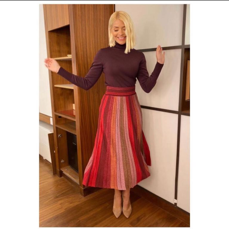 where to get Holly Willoughby This Morning outfit today red metallic striped skirt plum polo neck November 2019 Photo Holly Willoughby