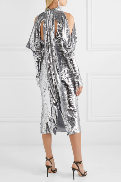 16ARLINGTON Cold-shoulder sequined tulle turtleneck midi dress back view