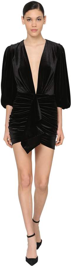 Alexandre Vauthier V Neck Draped Stretch Velvet Mini Dress