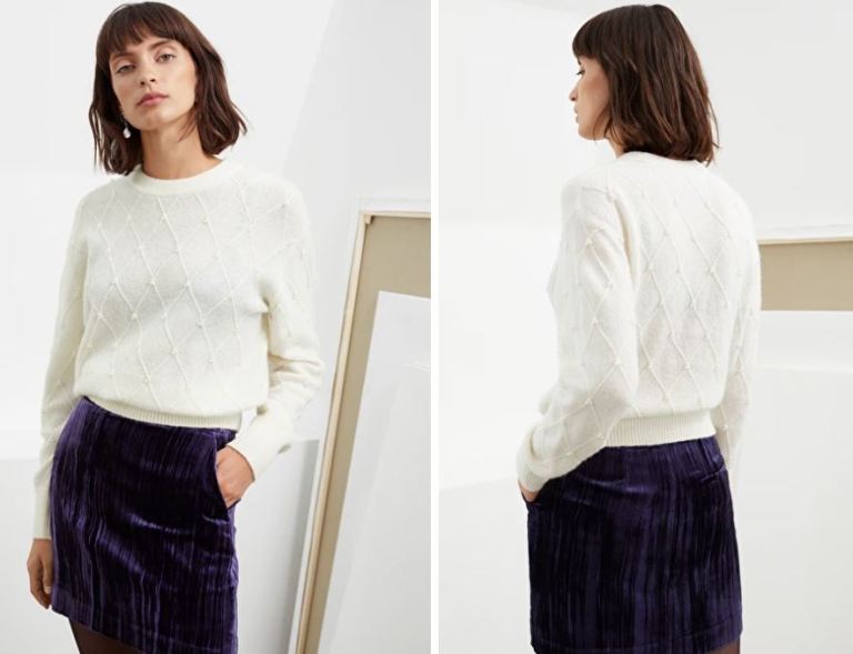 And Other Stories Pearl Embellished Diamond Knit Sweater