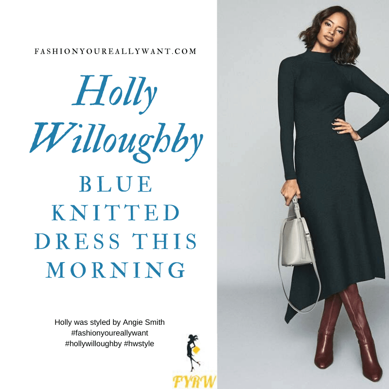 Holly Willoughby Wore This Blue Teal Turtleneck Knitted dress with nude sued court shoes on  This Morning today where to get all her outfits December 2019