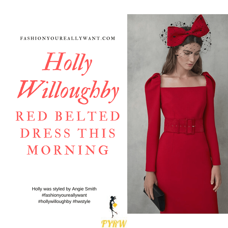 Holly Willoughby Wore This red dress with black belt on  This Morning today where to get all her outfits blog December 2019