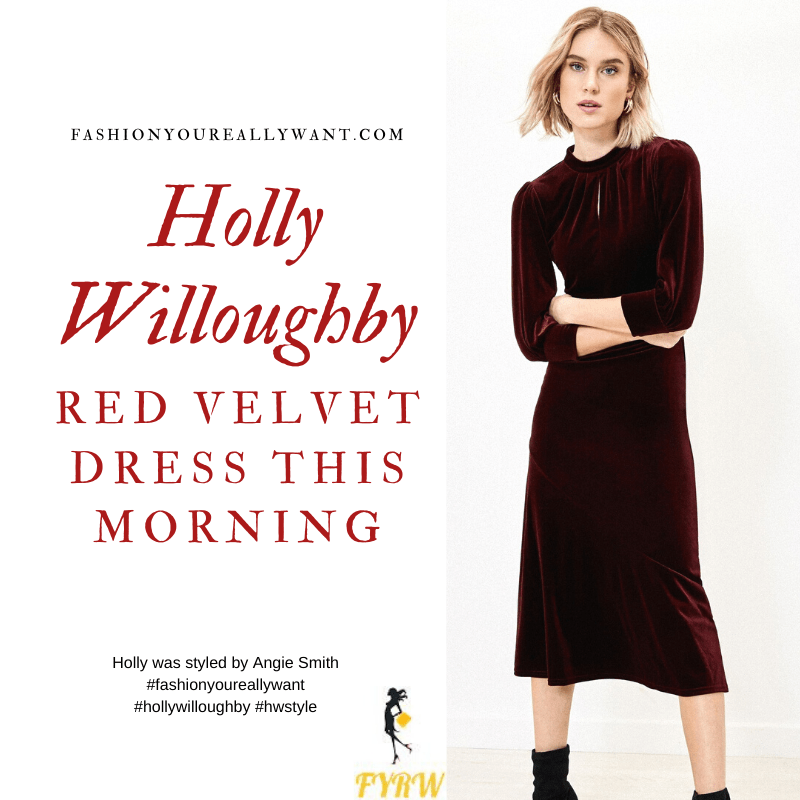 Holly Willoughby Wore This Red Velvet Midi Dress on This Morning today where to get her outfits December 2019
