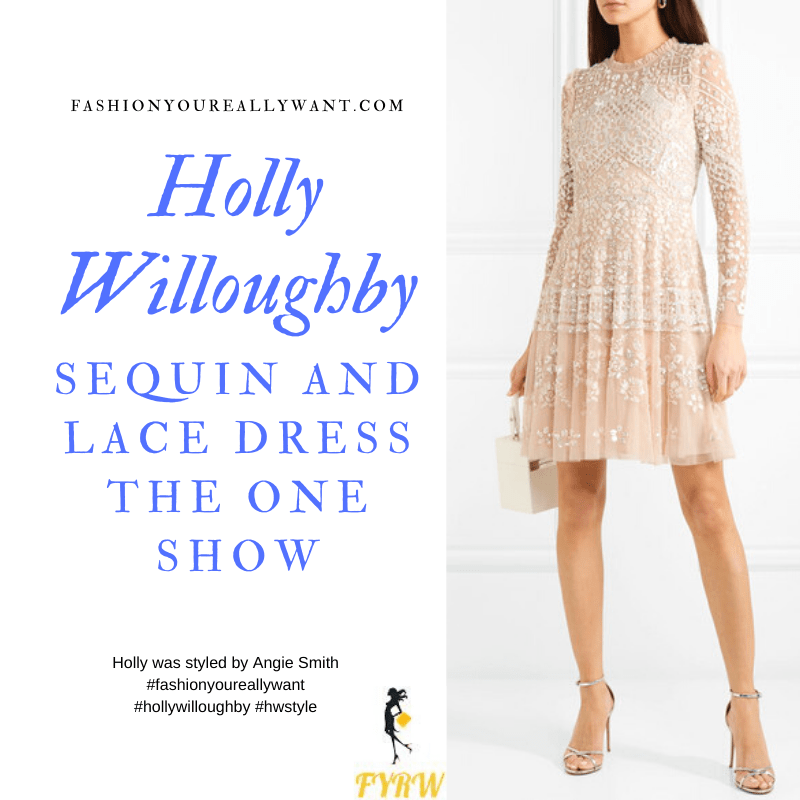 Holly Willoughby Wore This White and Pink Sequin and Lace Dress on The One Show December 2019 where to get all her outfits