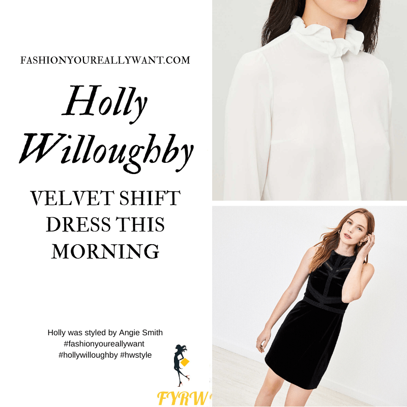 Holly Willoughby Wore This black velvet shift dress with ecru frill blouse and black ankle boots on  This Morning today where to get all her outfits December 2019
