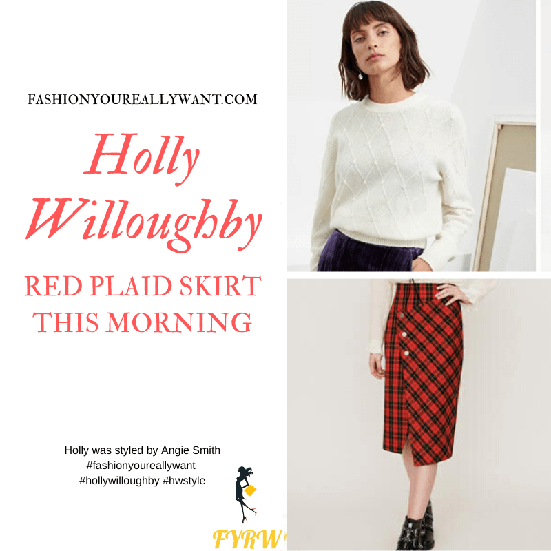 Holly Willoughby Wore This Red Plaid Skirt with a white diamond pattern pearl jumper on  This Morning today where to get all her outfits blog December 2019
