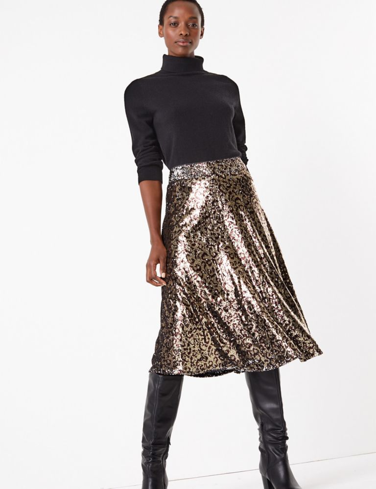 M&amp;S Collection Marks and Spencer Sequin Animal Print Slip Midi Skirt v2