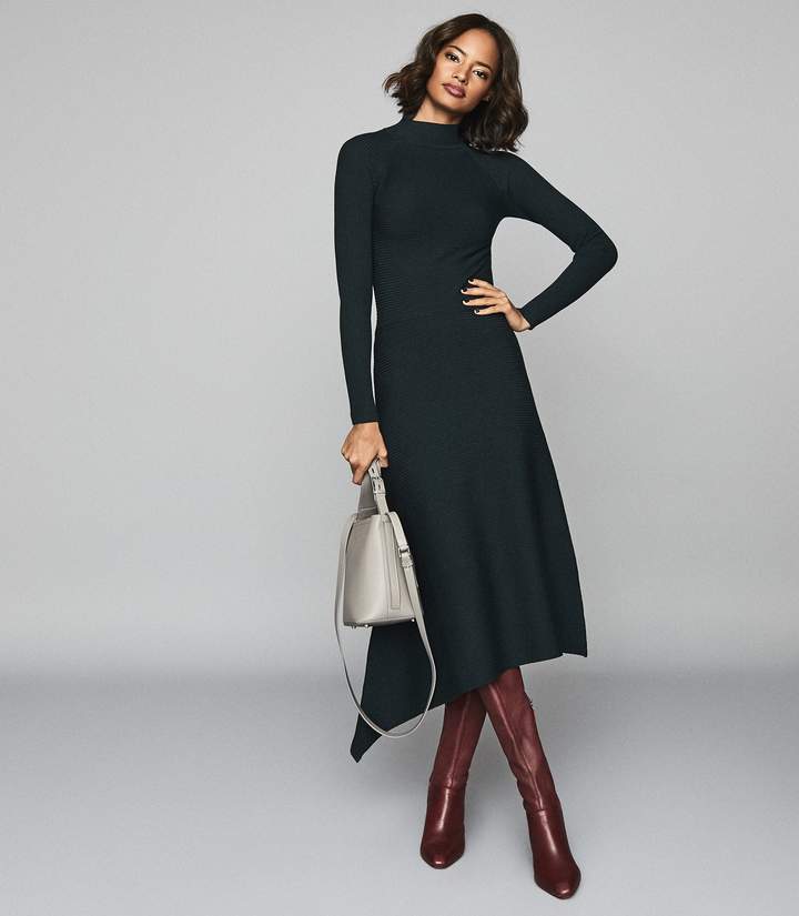 Reiss Leo Turtleneck Knitted Dress in Teal