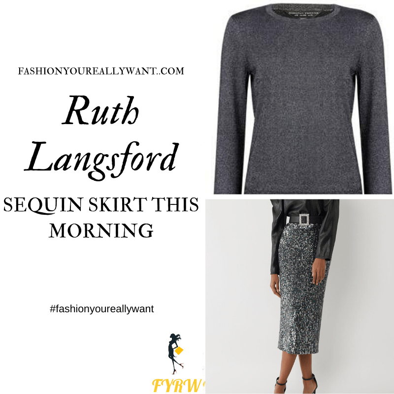 Ruth Langsford Wore This black sequin skirt with sparkle glitter grey jumper on This Morning today outfit blog December 2019 where to find her outfits