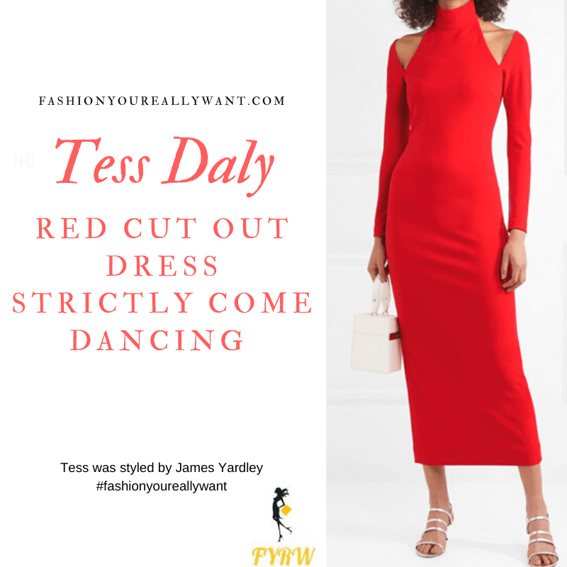 Tess Daly Wore This Red long sleeve cut out shoulder dress on Strictly Come Dancing Week 11 Results Show outfit blog December 2019