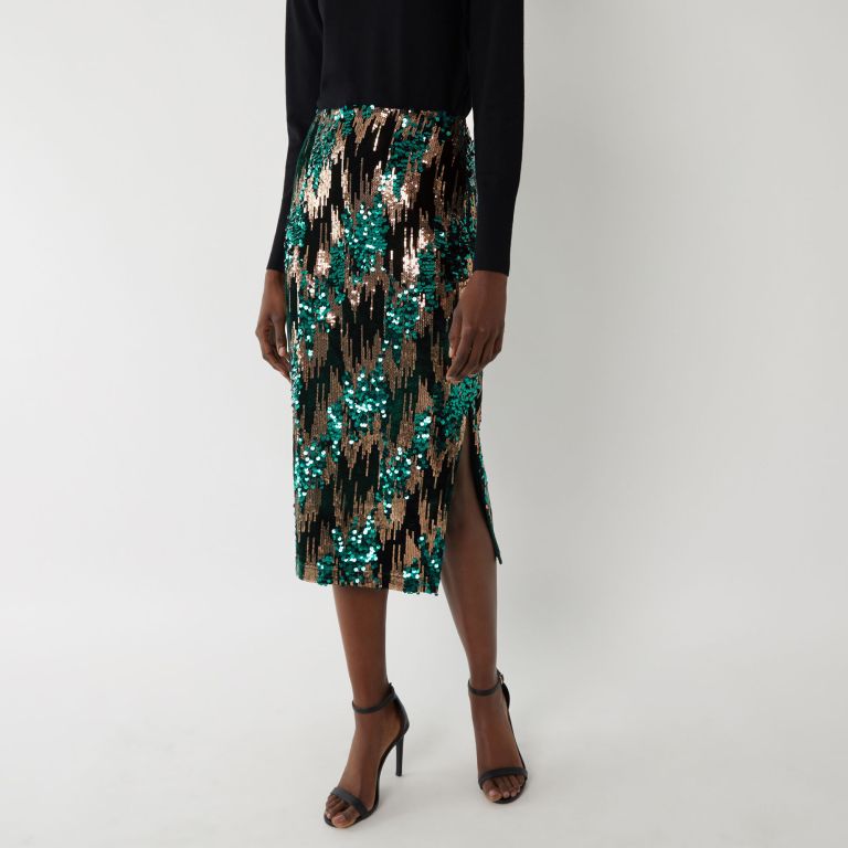 Warehouse Chevron Sequin Midi Skirt